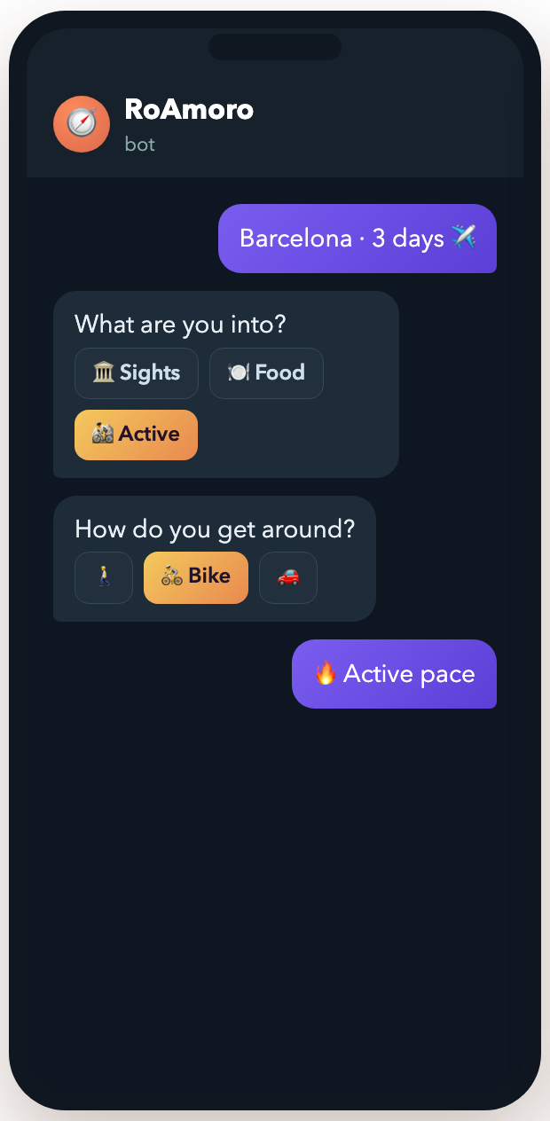 RoAmoro app screen